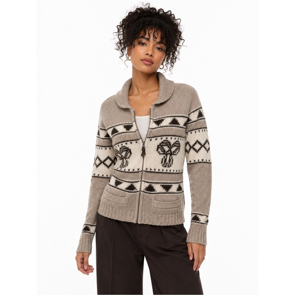 TNA Aritzia Sea to Sky Lambswool FairIsle Zip Cardigan Sweater Small Taupe Brown